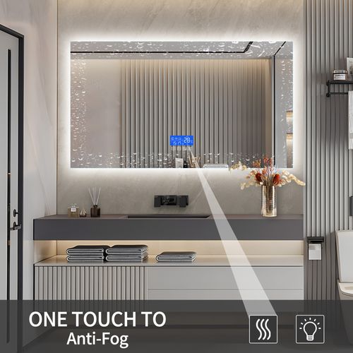 Miroir De Salle De Bain LED 60 X 100 Cm Mural Réglable Luminosité Et Température Anti-buée