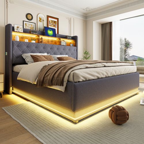 Lit Double Rembourré, 180 X 200 Cm, Avec Espace De Rangement Hydraulique, LED, Sommier à Lattes,gris