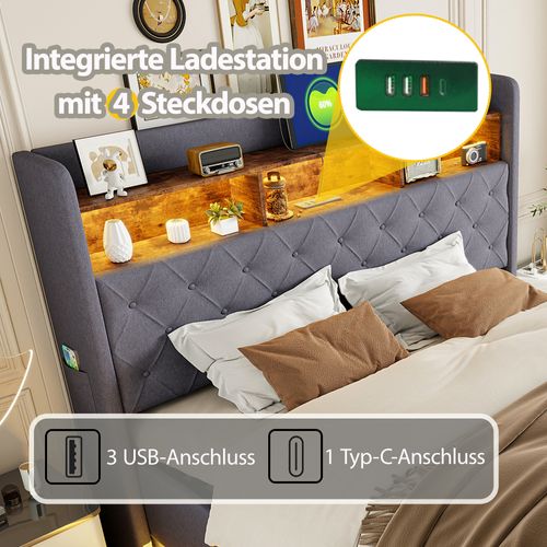 Lit Double Rembourré, 180 X 200 Cm, Avec Espace De Rangement Hydraulique, LED, Sommier à Lattes,gris