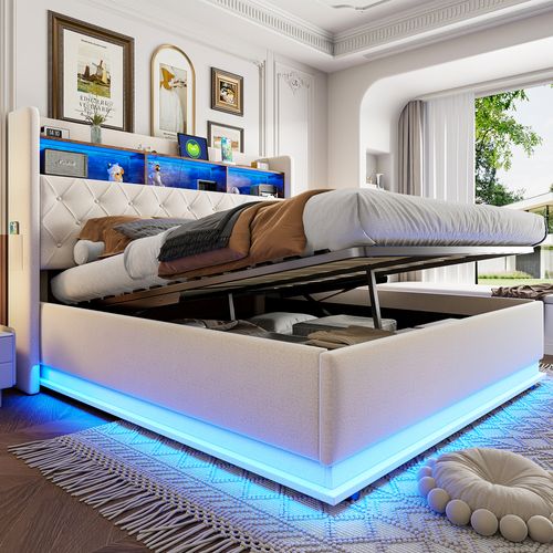 Lit Double Rembourré, 180 X 200cm, Avec Espace De Rangement Hydraulique, LED, Sommier à Lattes,beige