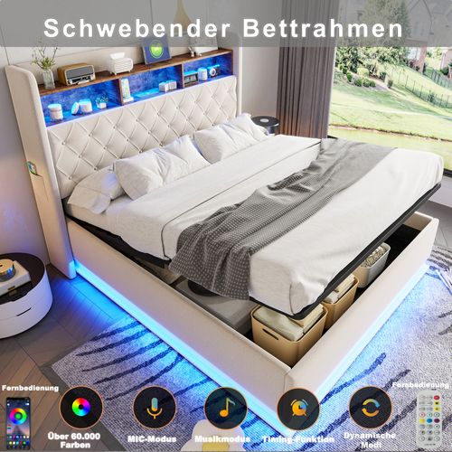 Lit Double Rembourré, 180 X 200cm, Avec Espace De Rangement Hydraulique, LED, Sommier à Lattes,beige