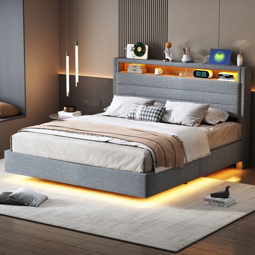 Lit Coffre 140x200 Cm, Lit Avec Éclairage LED Et Prise USB, Avec Rangement, Tissu En Lin, Gris