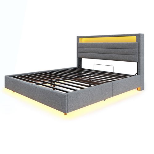 Lit Coffre 140x200 Cm, Lit Avec Éclairage LED Et Prise USB, Avec Rangement, Tissu En Lin, Gris
