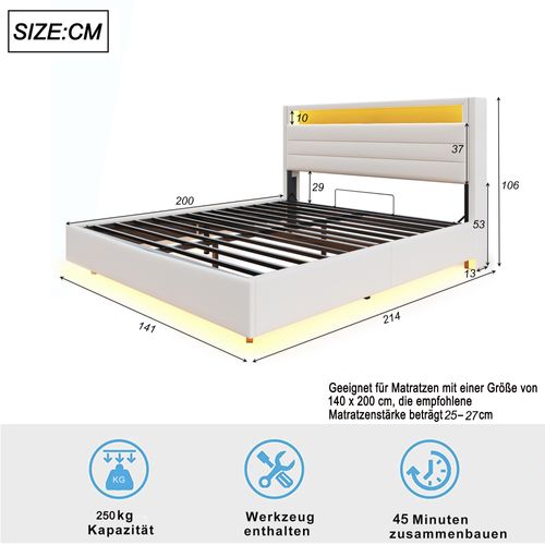 Lit Coffre 140x200 Cm, Lit Avec Éclairage LED Et Prise USB, Avec Rangement, Tissu En Lin, Begei