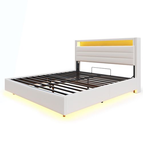 Lit Coffre 140x200 Cm, Lit Avec Éclairage LED Et Prise USB, Avec Rangement, Tissu En Lin, Begei