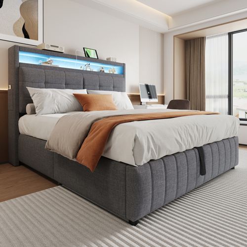 Lit Coffre 160x200 Cm, Avec Éclairage LED Et Prise USB, Avec Espace De Rangement, Tissu En Lin, Gris