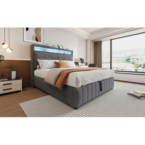 Lit Coffre 160x200 Cm, Avec Éclairage LED Et Prise USB, Avec Espace De Rangement, Tissu En Lin, Gris