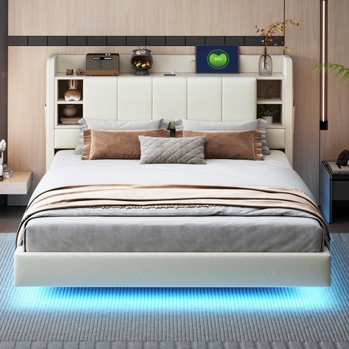 Lit Rembourré, 160 X 200 Cm, Multifonction, Avec Lumière LED Et Interface USB, Cadre En Métal, Beige