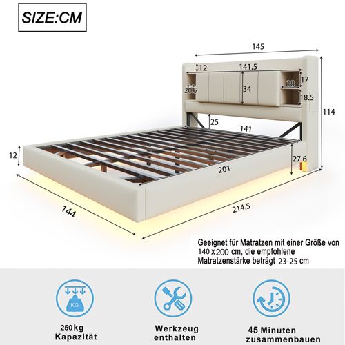 Lit Rembourré, 140 X 200 Cm, Multifonction, Avec Lumière LED Et Interface USB, Cadre En Métal, Beige