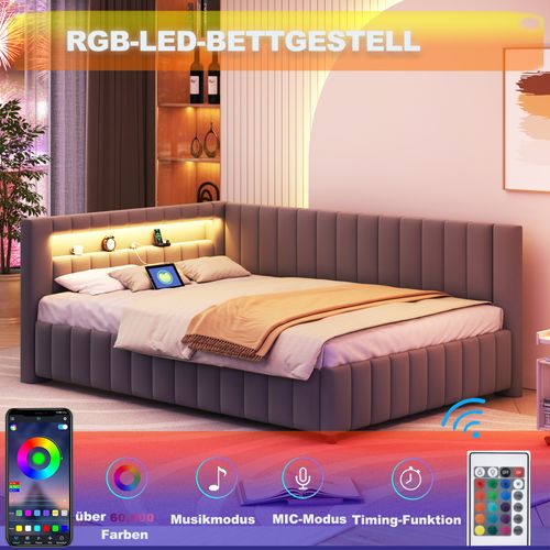 Lit Rembourré 140 X 200 Cm, Avec LED Et USB, Cadre De Lit Avec Sommier à Lattes En Bois, Gris Foncé