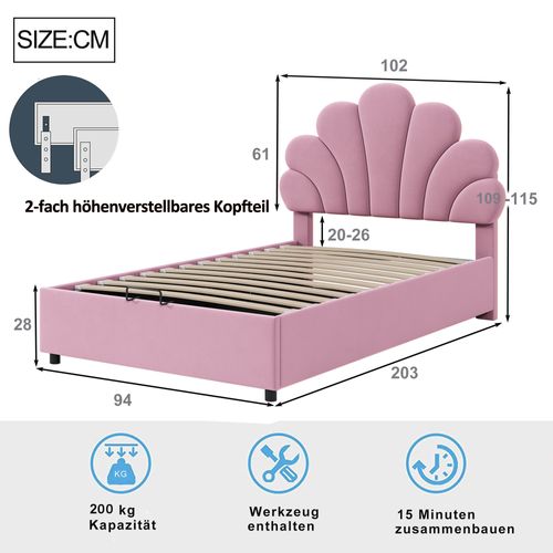 Lit Coffre 140x200 Cm, Avec Sommier à Lattes, Double, Tissu Velours Doux Pour La Peau, Rose