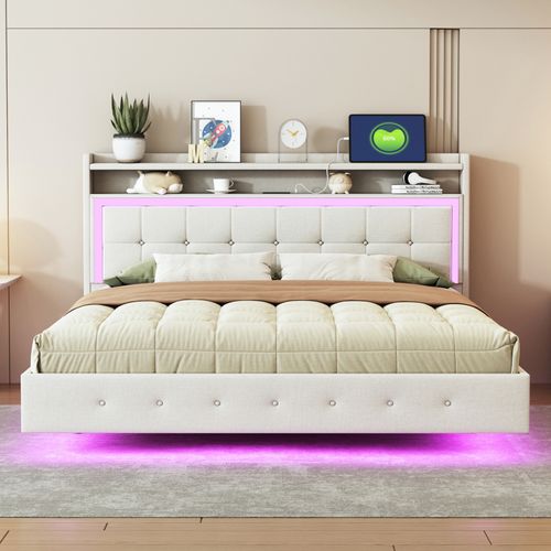 Lit Capitonné 160×200cm, Avec Prise USB Et Éclairage LED, Rangement Chevet, Pieds Cachés, Lin, Beige
