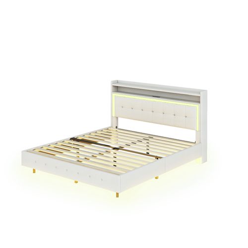 Lit Capitonné 160×200cm, Avec Prise USB Et Éclairage LED, Rangement Chevet, Pieds Cachés, Lin, Beige
