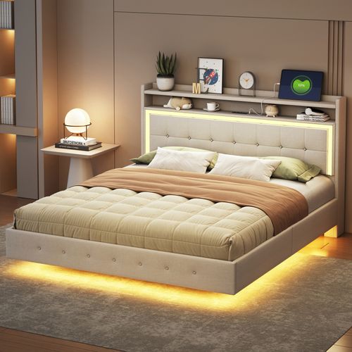Lit Capitonné 160×200cm, Avec Prise USB Et Éclairage LED, Rangement Chevet, Pieds Cachés, Lin, Beige