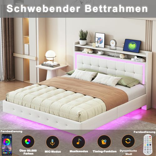 Lit Capitonné 160×200cm, Avec Prise USB Et Éclairage LED, Rangement Chevet, Pieds Cachés, Lin, Beige