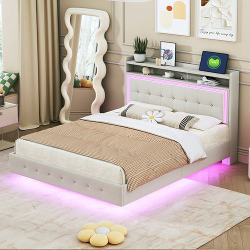 Lit Capitonné 140×200cm, Avec Prise USB Et Éclairage LED, Rangement Chevet, Pieds Cachés, Lin, Beige