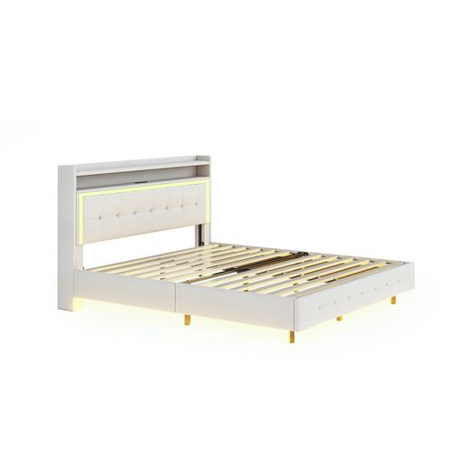 Lit Capitonné 140×200cm, Avec Prise USB Et Éclairage LED, Rangement Chevet, Pieds Cachés, Lin, Beige