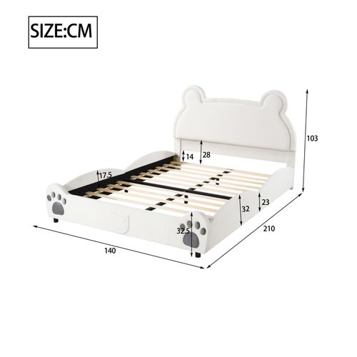 Lit Rembourré 140 X 200 Cm Forme Ours, Joli Lit Enfant En Velours Doux Pour La Peau, Blanc