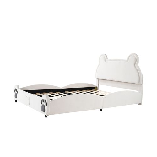 Lit Rembourré 140 X 200 Cm Forme Ours, Joli Lit Enfant En Velours Doux Pour La Peau, Blanc
