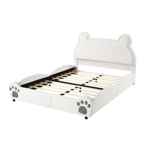 Lit Rembourré 140 X 200 Cm Forme Ours, Joli Lit Enfant En Velours Doux Pour La Peau, Blanc