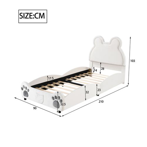 Lit Rembourré 90 X 200 Cm Forme Ours, Blanc