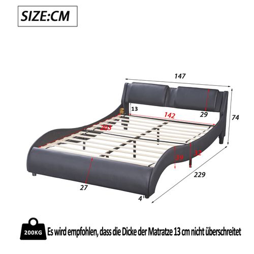 Lit 140x200 Avec Sommier LED Design Arqué, Avec Tete De Lit, Lit Double Avec à Lattes, Pu, Noir