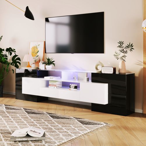 Meuble TV 200 Cm - Élégant Meuble TV Bas - Brillant Avec LED - Surface En Verre Élégante - Noir