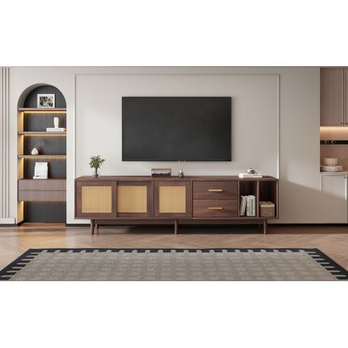 Meuble TV Bas Avec Porte Coulissante En Rotin, Tiroir, Compartiments De Rangement, 190 Cm, Marron
