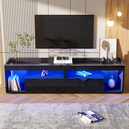 Meuble TV Avec Éclairage LED - Noir Brillant  - Support TV Avec 2 Tiroirs - Plateau En Verre