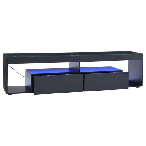 Meuble TV Avec Éclairage LED - Noir Brillant  - Support TV Avec 2 Tiroirs - Plateau En Verre
