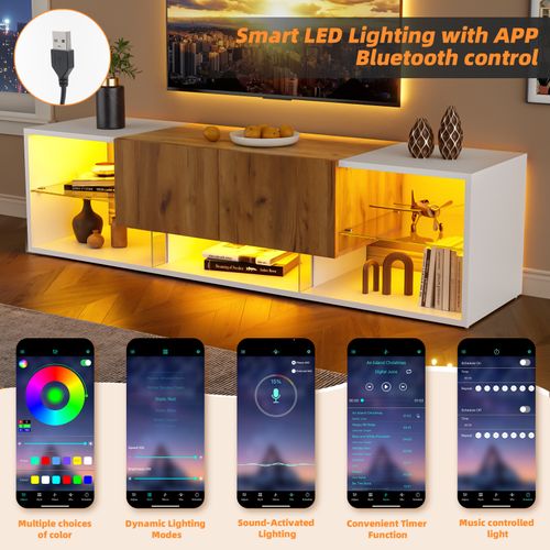 Meuble TV 160 X 40 X 42 Cm, Console TV Moderne Avec Plateau De Rangement En Verre Et 2 Tiroirs,blanc