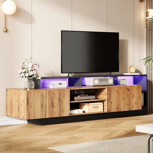 Meuble TV 190cm, Moderne Banc TV Avec Lumières LED, 2 Portes E Compartiment Rangement Ouvert, Noir