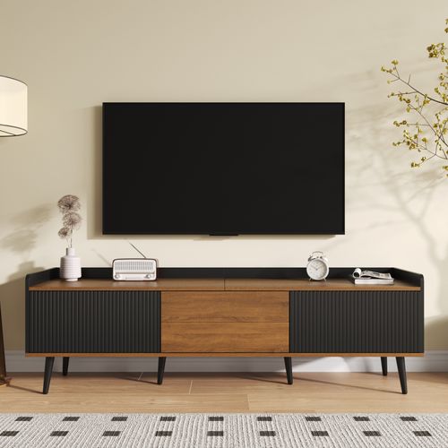 Meuble TV Moderne Avec 3 Portes, Meuble Bas Finition Noire Et Bois Naturel, 160x39x49.5cm