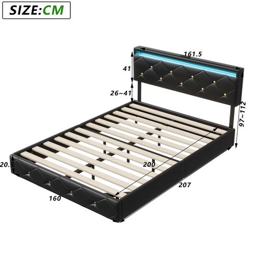 Lit 160x200 Avec LED Et USB, Lit2 Personnes Flottant Cadre De Lits Avec Lattes En Bois, Pu, Noir