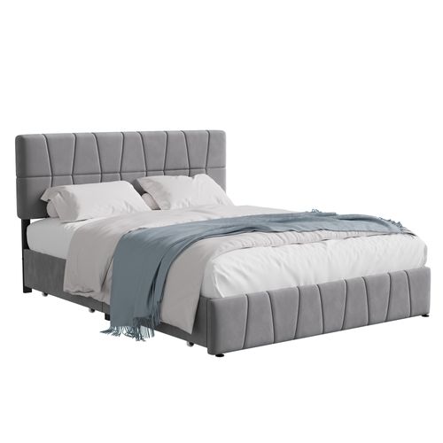 Lit Double 160x200 Cm Avec Tiroirs, Sommier à Lattes, Sommier Velours, Lit Capitonné, Gris