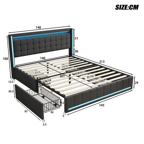 Lit 140x200 Cm, Lit Double Capitonné Avec USB Et Type-c, LED, Avec 4 Tiroirs, Lin, Gris