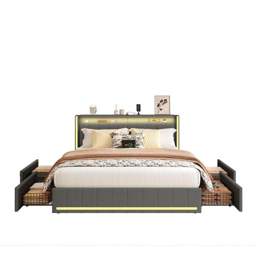 Lit 140x200 Cm, Lit Double Capitonné Avec USB Et Type-c, LED, Avec 4 Tiroirs, Lin, Gris