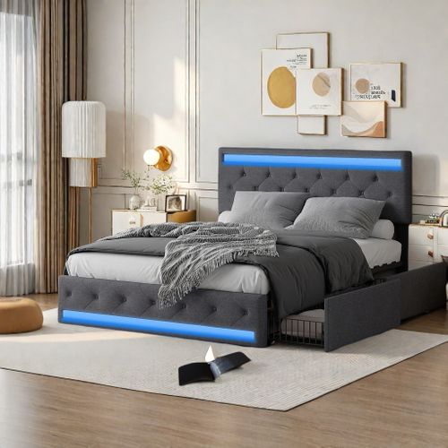 Lit Coffre 180 X 200 Cm, Lit Double Avec LED Et Rangement, Velours, Gris