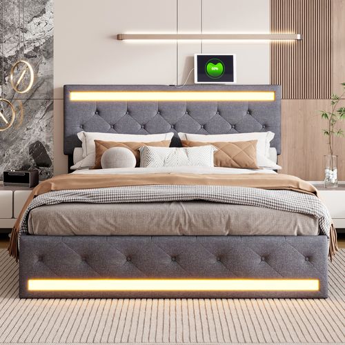 Lit Coffre 180 X 200 Cm, Lit Double Avec LED Et Rangement, Velours, Gris