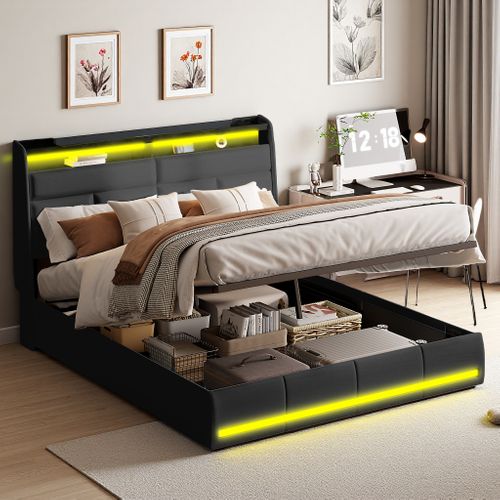 Lit Coffre 160 X 200 Cm, Avec Sommier à Lattes, Lits 2 Personnes Avec Lumière LED En Pu, Noir