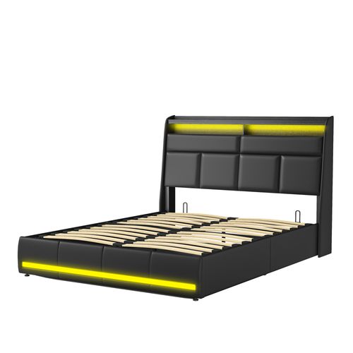 Lit Coffre 160 X 200 Cm, Avec Sommier à Lattes, Lits 2 Personnes Avec Lumière LED En Pu, Noir