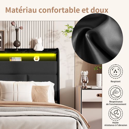 Lit Coffre 160 X 200 Cm, Avec Sommier à Lattes, Lits 2 Personnes Avec Lumière LED En Pu, Noir