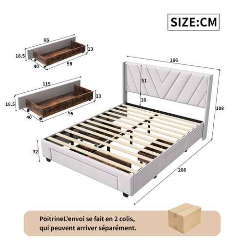 Lit Double 160x200 Cm,  Avec Sommier, Lit Double Avec Rangement, Lit Deux Place, Beige