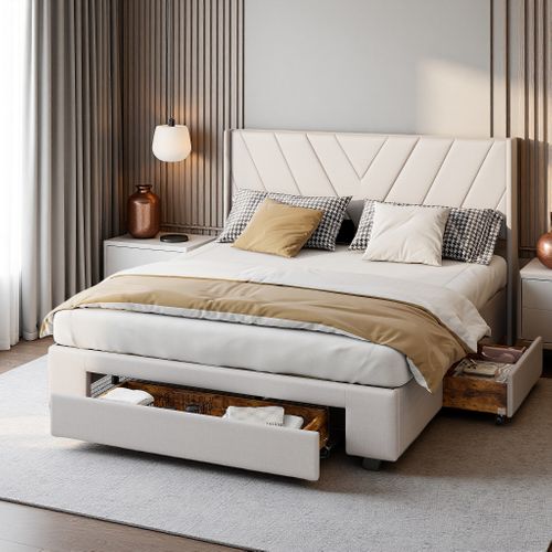 Lit Double 160x200 Cm,  Avec Sommier, Lit Double Avec Rangement, Lit Deux Place, Beige