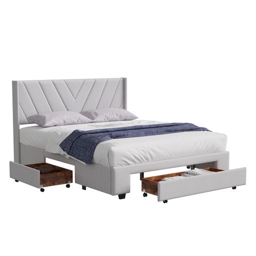 Lit Double 160x200 Cm,  Avec Sommier, Lit Double Avec Rangement, Lit Deux Place, Beige