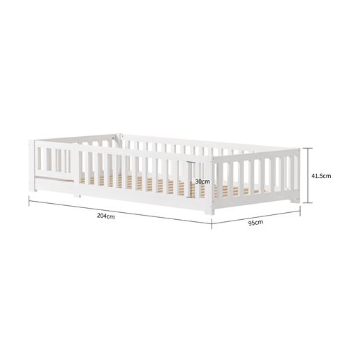Lit Enfant 90 X 200 Cm - En Bois Naturel Avec Barrière Et Sommier - Blanc