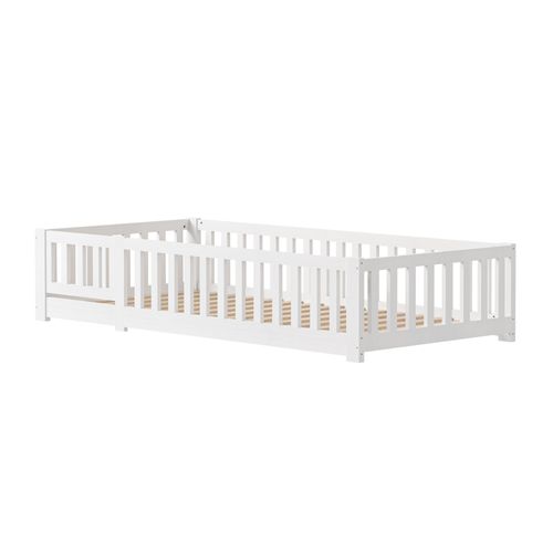 Lit Enfant 90 X 200 Cm - En Bois Naturel Avec Barrière Et Sommier - Blanc