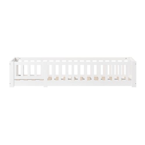 Lit Enfant 90 X 200 Cm - En Bois Naturel Avec Barrière Et Sommier - Blanc