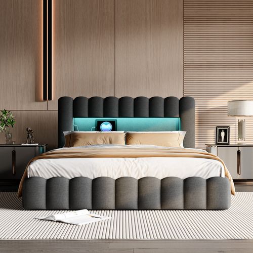 Lit à Bulles 180 X 200 Cm, Avec LED Et USB, Avec Espace De Rangement, Avec Sommier à Lattes, Gris