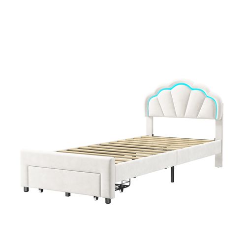 Lit Rembourré 90 X 200 Cm, Avec LED, Avec Tiroirs, Avec Sommier à Lattes, Velours, Blanc